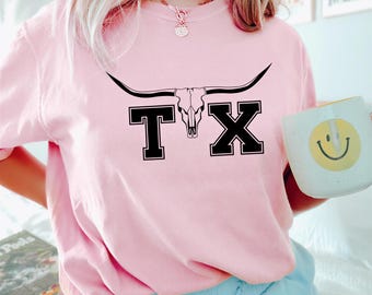 Texas TX Longhorn Skull Shirt, Comfort Colors Retro Western Southern Tee, 416704