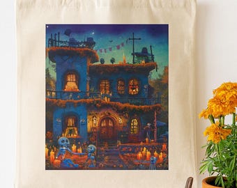 Day of the Dead Canvas Tote Bag, Colorful Mexican Casa Design, Eco-Friendly Bag, Reusable Día de los Muertos Bag