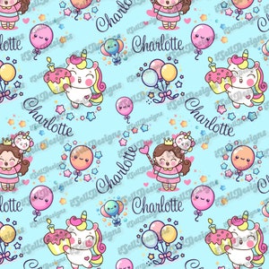 Peut inclure: Un motif sans couture sur fond bleu clair avec un motif répété d'une licorne, d'une fille avec une couronne et de ballons. Le motif comprend également le nom "Charlotte" répété tout au long. Le motif est parfait pour une fête d'anniversaire ou toute autre célébration.