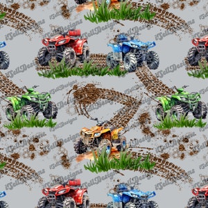 Op de afbeelding: Een naadloos patroon met kleurrijke terreinwagens die over modderige bandensporen rijden op een grijze achtergrond. Het patroon bevat groene, rode, blauwe en gele ATV's.