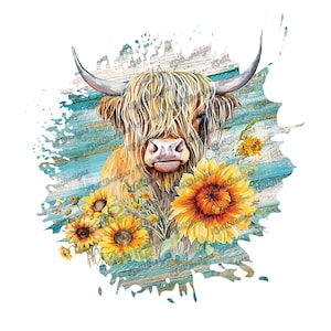 Highland Cow PNG, Highland Cow Design, Custom Highland Cow Design, Highland Cow, Farm Life, Sunflowers and Cows