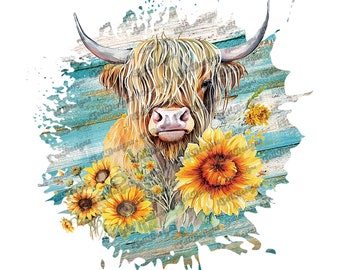 Highland Cow PNG, Highland Cow Design, Custom Highland Cow Design, Highland Cow, Farm Life, Sunflowers and Cows