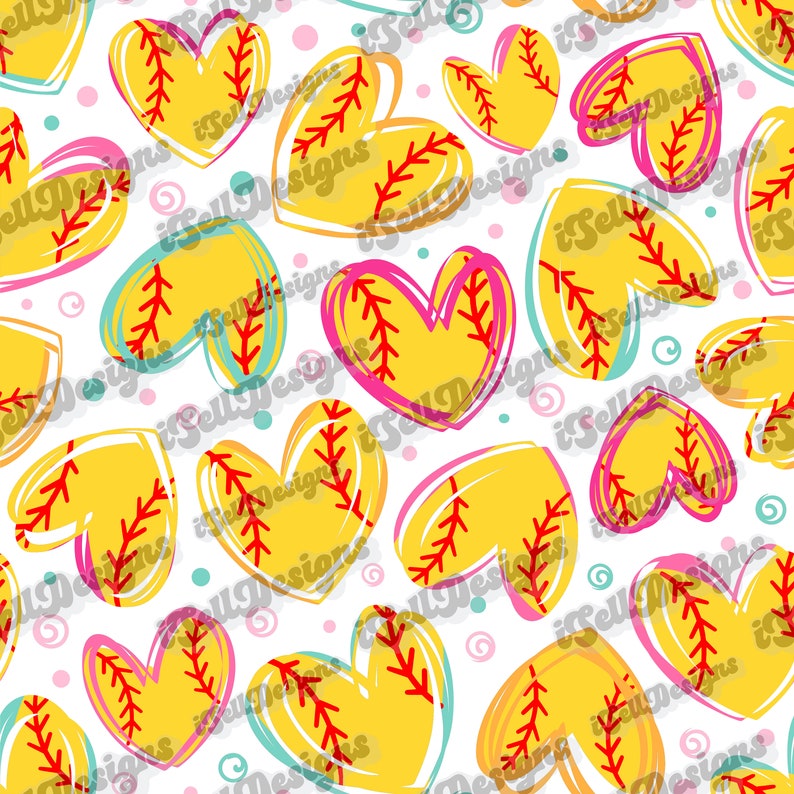 Softball Seamless Pattern, Softball Design, Custom Seamless Pattern, Softball Seamless Pattern, Softball Hearts image 1