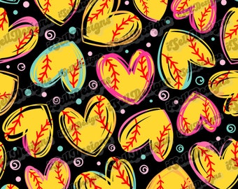 Softball Seamless Pattern, Softball Design, Custom Seamless Pattern, Softball Seamless Pattern, Softball Hearts