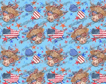 Highland Cow Seamless Pattern, 4th of July Seamless, Custom Seamless,  Patriotic Highland Seamless File, 4th of July