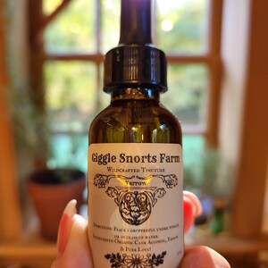 May include: A brown glass bottle with a dropper top and a label that reads "Giggle Snorts Farm Wildcrafted Tincture Yarrow". The label also includes directions for use and a list of ingredients, including organic cane alcohol, yarrow, and pure love.
