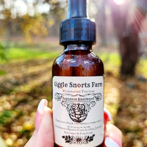 May include: A brown glass bottle with a dropper top and a white label that reads "Giggle Snorts Farm Wildcrafted Tincture Japanese Knotweed". The label also includes directions for use and ingredients, which are "Organic Cane Alcohol, Japanese Knotweed & Pure Love!"