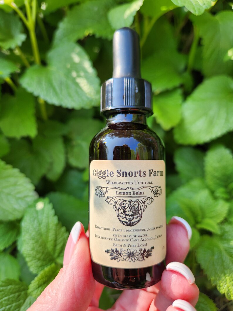 May include: A dark brown glass bottle with a black dropper top and a white label that reads "Giggle Snorts Farm Wildcrafted Tincture Lemon Balm". The label also includes directions for use and ingredients, which are "Organic Cane Alcohol, Lemon Balm & Pure Love!"
