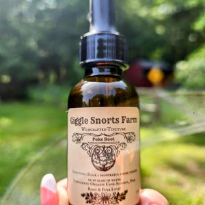 May include: A brown glass bottle with a dropper top and a white label that reads "Giggle Snorts Farm Wildcrafted Tincture Poke Root". The label also includes directions for use and ingredients, which are "Place 1 dropperful under tongue or in glass of water. Ingredients: Organic Cane Alcohol, Poke Root & Pure Love!"