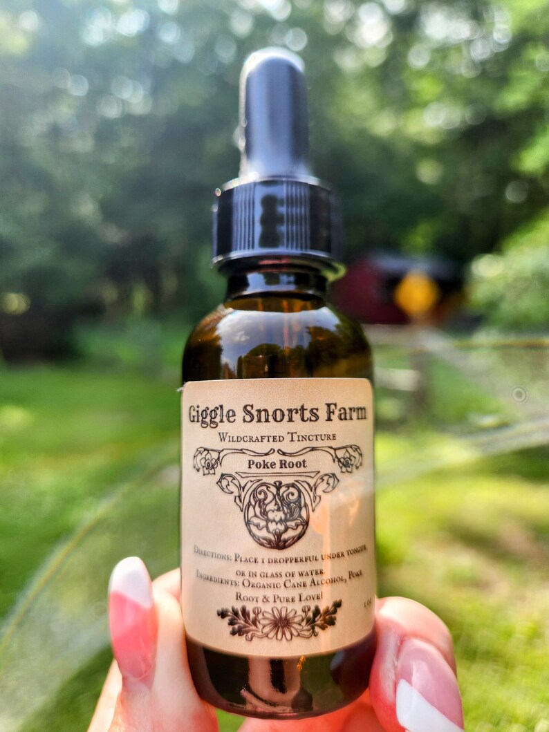 May include: A brown glass bottle with a dropper top and a white label that reads "Giggle Snorts Farm Wildcrafted Tincture Poke Root". The label also includes directions for use and ingredients, which are "Place 1 dropperful under tongue or in glass of water. Ingredients: Organic Cane Alcohol, Poke Root & Pure Love!"