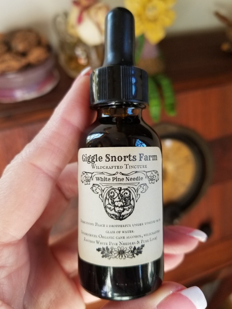 K&ouml;nnte beinhalten: Eine dunkelbraune Glasflasche mit schwarzem Tropfer. Die Flasche ist mit "Giggle Snorts Farm Wildcrafted Tincture White Pine Needle" beschriftet. Das Etikett enth&auml;lt auch Gebrauchsanweisungen und Zutaten.