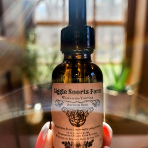 Puede incluir: Una botella de vidrio marrón con un gotero y una etiqueta que dice "Giggle Snorts Farm Wildcrafted Tincture Raíz de bardana". La etiqueta también incluye instrucciones de uso e ingredientes.