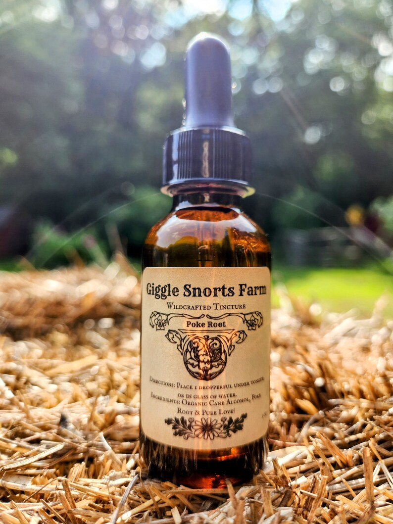 May include: A brown glass bottle with a dropper top, labeled "Giggle Snorts Farm Wildcrafted Tincture Poke Root". The bottle is sitting on a bed of straw.