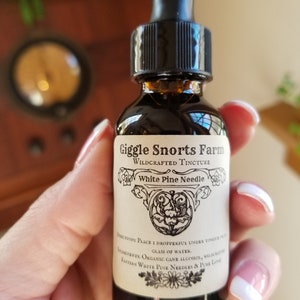 K&ouml;nnte beinhalten: Eine braune Glasflasche mit Tropfer und einem wei&szlig;en Etikett mit der Aufschrift "Giggle Snorts Farm Wildcrafted Tincture White Pine Needle". Das Etikett enth&auml;lt auch Gebrauchsanweisungen und Zutaten, n&auml;mlich "Bio-Rohrzuckeralkohol, wildgewachsenes Wei&szlig;kiefernnadeln & reine Liebe."