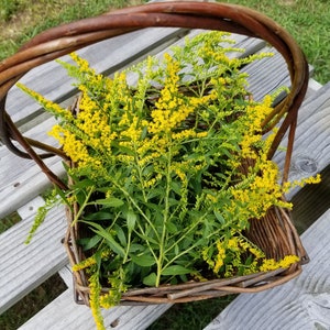 Puede incluir: Una cesta de mimbre llena de un ramo de flores silvestres amarillas. La cesta est&aacute; sobre una superficie de madera.
