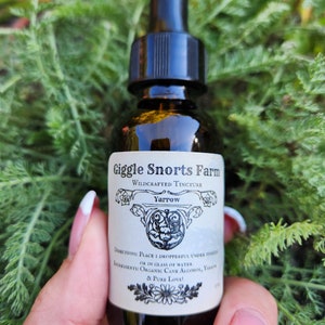 May include: A brown glass bottle with a dropper top, labeled "Giggle Snorts Farm Wildcrafted Tincture Yarrow". The label also includes directions for use and ingredients: "Place 1 dropperful under tongue or in glass of water. Ingredients: Organic Cane Alcohol, Yarrow & Pure Love!"