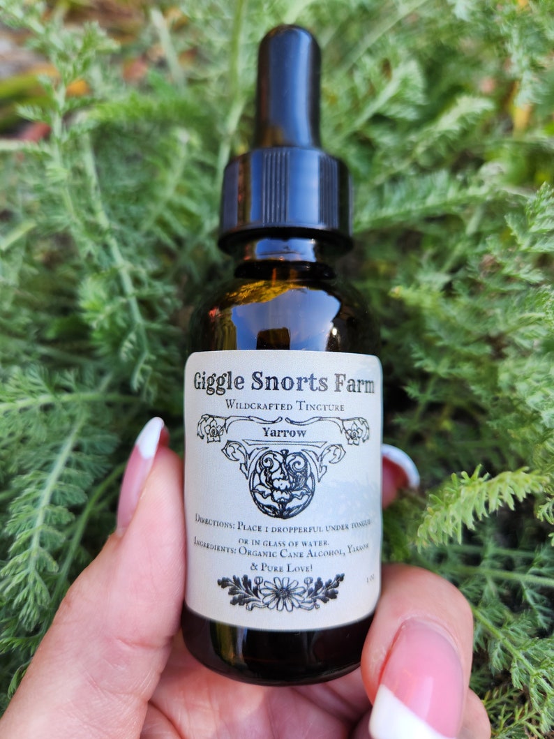 May include: A brown glass bottle with a dropper top, labeled "Giggle Snorts Farm Wildcrafted Tincture Yarrow". The label also includes directions for use and ingredients: "Place 1 dropperful under tongue or in glass of water. Ingredients: Organic Cane Alcohol, Yarrow & Pure Love!"