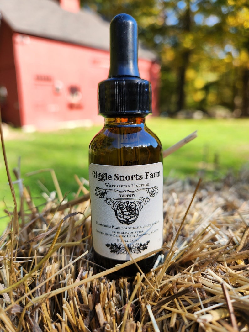 May include: A brown glass bottle with a black dropper top and a white label that reads "Giggle Snorts Farm Wildcrafted Tincture Yarrow". The bottle is sitting on a bed of straw.
