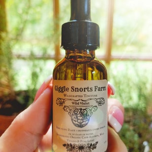 Puede incluir: Una botella de vidrio marr&oacute;n con un gotero negro y una etiqueta blanca que dice "Giggle Snorts Farm Wildcrafted Tincture Wild Violet". La etiqueta tambi&eacute;n incluye instrucciones de uso e ingredientes, que son "Organic Cane Alcohol, Wild Violets & Pure Love!"