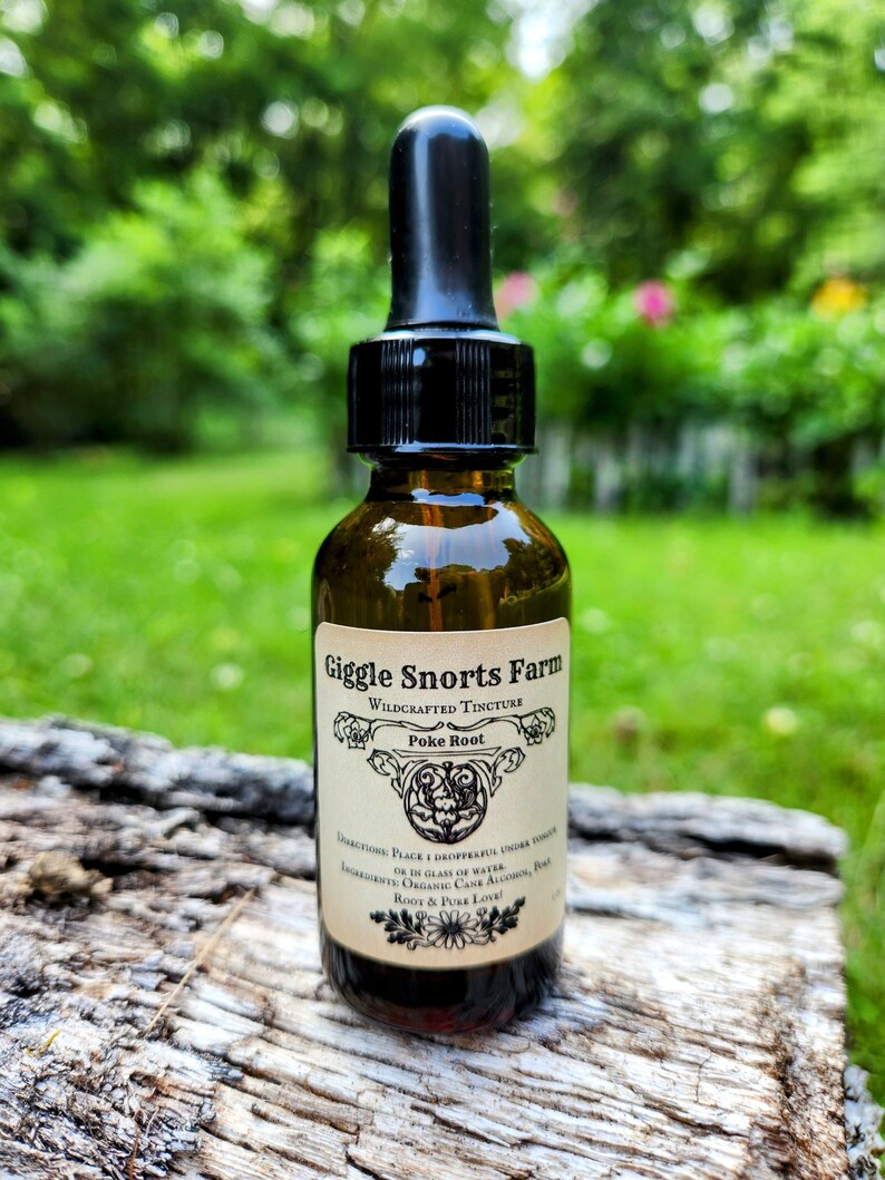 May include: A small brown glass bottle with a black dropper top. The bottle is labeled "Giggle Snorts Farm Wildcrafted Tincture Poke Root". The label also includes directions for use and ingredients: "Place 1 dropperful under tongue or in glass of water. Ingredients: Organic Cane Alcohol, Poke Root & Pure Love!"
