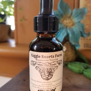 K&ouml;nnte beinhalten: Eine braune Glasflasche mit einem schwarzen Tropfer und einem wei&szlig;en Etikett. Das Etikett lautet "Giggle Snorts Farm Wildcrafted Tincture White Pine Needle". Das Etikett enth&auml;lt auch Gebrauchsanweisungen und Zutaten.