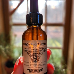 May include: A brown glass bottle with a dropper top and a white label that reads "Giggle Snorts Farm Wildcrafted Tincture Japanese Knotweed". The label has a floral design and includes directions for use and ingredients.