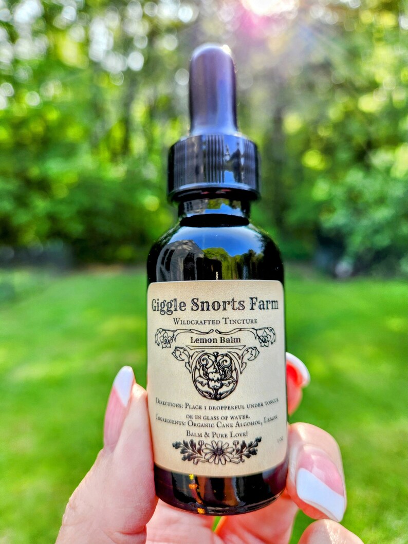 May include: A dark glass bottle with a dropper top and a label that reads "Giggle Snorts Farm Wildcrafted Tincture Lemon Balm". The label has a floral design and the text "Directions: Place 1 dropperful under tongue or in glass of water. Ingredients: Organic Cane Alcohol, Lemon Balm & Pure Love!"