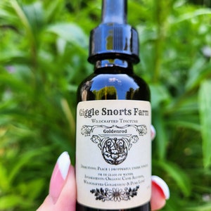 Puede incluir: Una botella de vidrio marr&oacute;n oscuro con un gotero negro. La botella est&aacute; etiquetada con "Giggle Snorts Farm Wildcrafted Tincture Goldenrod". La etiqueta tiene un borde decorativo y una peque&ntilde;a imagen de una flor.