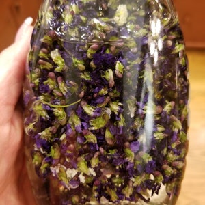 Puede incluir: Una botella de vidrio llena de p&eacute;talos de flores moradas y verdes sumergidos en un l&iacute;quido transparente.