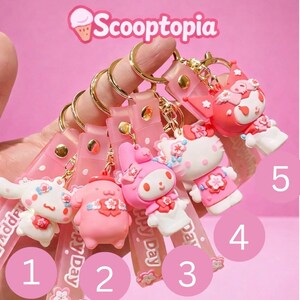 Kawaii Pink Character Keychain Happy Day Wrist Strap + Initial Charm