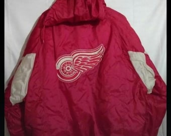 Vintage NHL Detroit Red Wings Hockey Hooded Zip Up Puffer Jacket Coat Mens Michigan