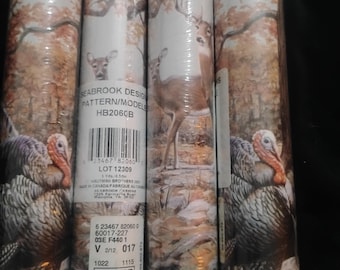 Vintage 2001 förseglad Seabrook Designs Hautman Brothers tapetbård Vitstjärtshjort Bock Vildkalkon Jakt Jägare Man Cave Cabin