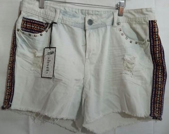 Nuovi pantaloncini di jeans vintage Y2K Reign Distressed Stud BOHO Aztec Denim bianchi e blu tagliati