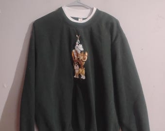 Sudadera de forro polar bordada con lindos cachorros de perro estilo vintage, color verde, talla XL para mujer, con estampados de chihuahua, basset hound, beagle y dálmata.