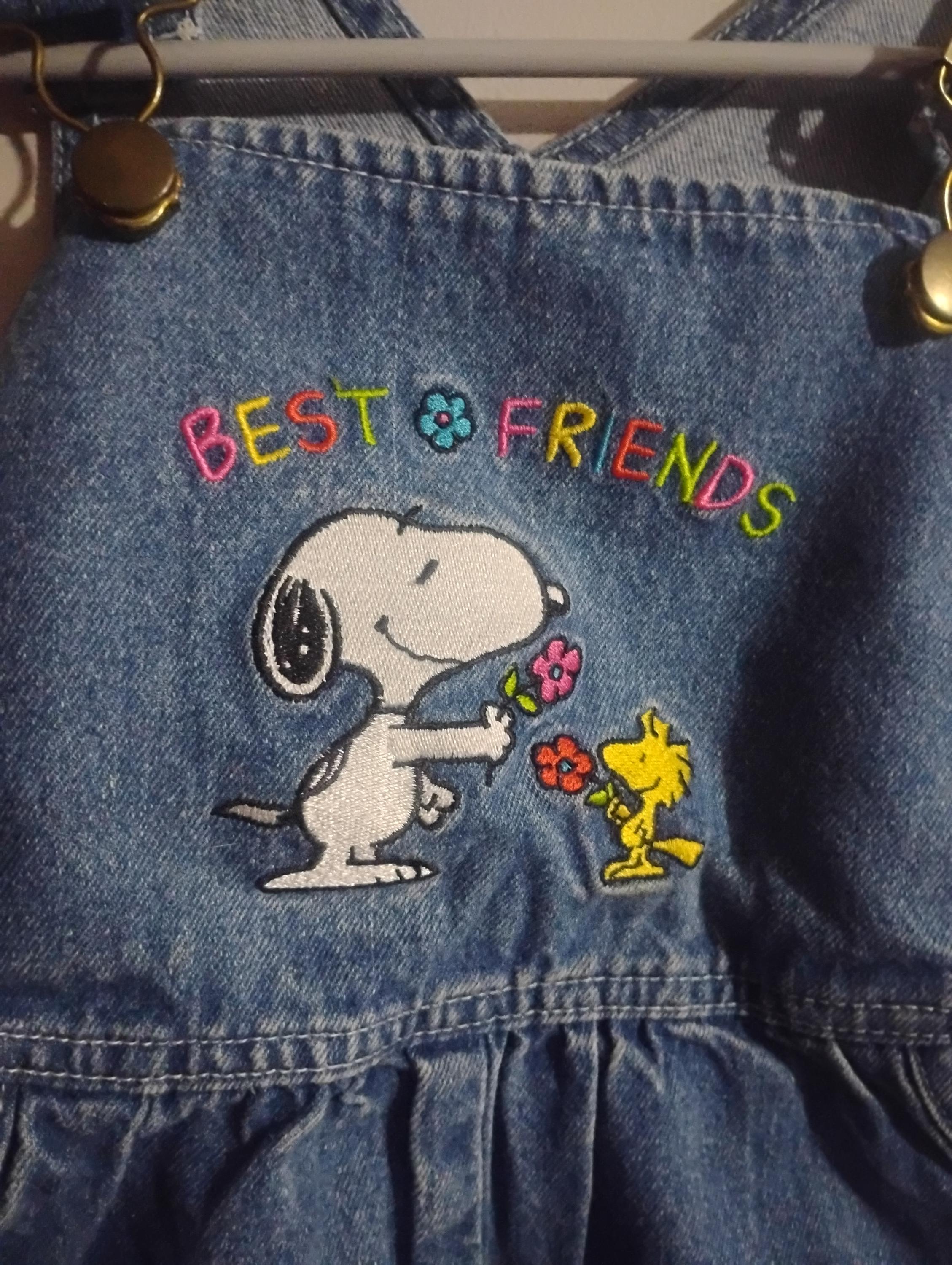 Rare Vintage Cute Peanuts Snoopy Woodstock Denim Jean Bib Overalls