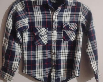 Camisa vintage rara de cuadros con botones para niños, color azul, Territorio del Noroeste, hecha en Corea, para trabajo agrícola.