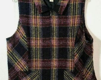 Cute Vintage Tweed Plaid Vest Jacket Rainbow Spring Zip Up Christopher Banks XL