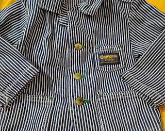 Vintage utmärkt Oshkosh denimjärnvägsjacka randig småbarn pojkar flickor Thomas tåget blå vit vår