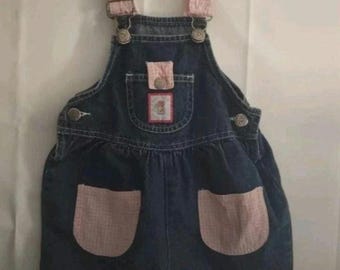 May include: Blue denim overall shorts with pink gingham accents on the pockets and straps. The straps are adjustable and attached with metal hardware. A small patch with a floral design is on the bib.