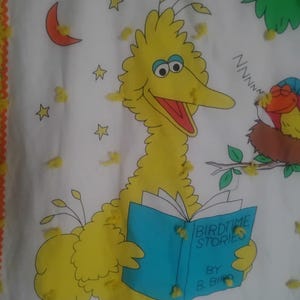 Op de afbeelding: Een witte stoffen quilt met de gele figuur Big Bird die een blauw boek vasthoudt met de titel BIRDTIME STORIES BY B. BIRD. Het ontwerp bevat een rode maansikkel, gele sterren, groen gras en een kleine vogel in een nest met de tekst NNNNN.