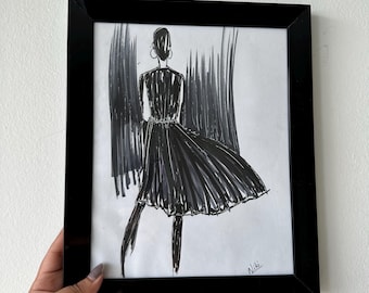 Elegante mode-illustratie – Muurkunst zwarte jurk – Minimalistische vrouwentekening