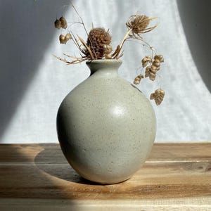 May include: A small, round, speckled, pale green ceramic vase contains dried flowers and seed pods. The vase is on a wooden surface, with a white fabric backdrop. The vase has a narrow neck and a rounded body.