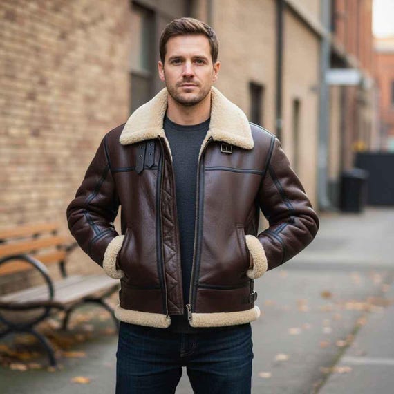 Men's Chocolate-brown Shearling B3-bomber Aviator Jacket, Raf