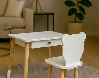 Wooden kids desk and chair set, Montessori toddler table, Desk with drawer, Minimalist children furniture