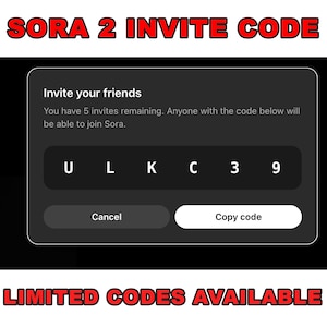 Op de afbeelding: Een digitale afbeelding die Sora 2-uitnodigingen promoot. De afbeelding toont een donkergrijze interface met de tekst "Nodig je vrienden uit" en een unieke code: ULKC39. De tekst "BEPERKTE CODES BESCHIKBAAR" staat onderaan.