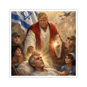 Puede incluir: Una pegatina con una escena pintada digitalmente. Una figura que se asemeja a Donald Trump, vestida con una túnica roja, toca la frente de un hombre acostado en una cama. Hay otras figuras presentes y una bandera israelí en el fondo.