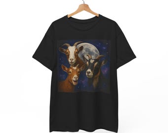 Three Goat Moon T Shirt | Vintage Goat Graphic Tee | Funny Goat Shirt | Retro Animal Top | Goat Lover Gift | Unisex Heavy Cotton Silly Tee