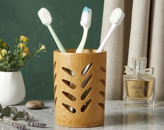 Eco Friendly Bamboo Toothbrush Holder | Wooden Bathroom Organizer Cup | Minimalist Makeup Brush Vanity Storage | Leaf Pencil Holder Gift
