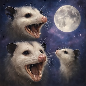 May include: An illustration of three opossums with open mouths, set against a starry night sky and a full moon. The opossums have white fur, pink noses, and dark ears. The background is a gradient of purple and blue.