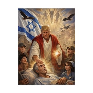 May include: An artwork showing a figure resembling Donald Trump, in a red and white robe, with a glowing hand over a man in a hospital bed. The background includes an Israeli flag, eagles, and military aircraft.